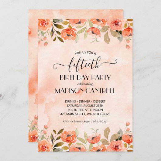 Invitation Watercolor Floral fête d'anniversaire (Devant / Derrière)