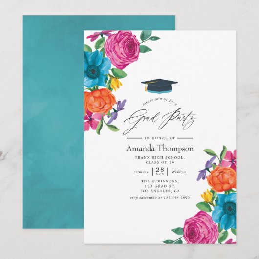 Invitation Watercolor Floral Fiesta Graduation Party (Devant / Derrière)