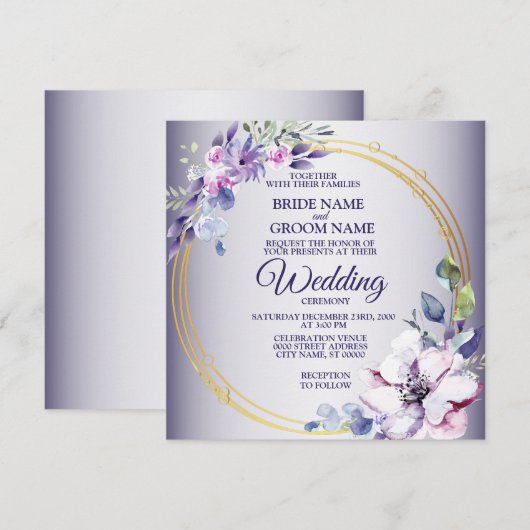 Invitation Watercolor Floral Golden Geometric Purple Wedding (Devant / Derrière)