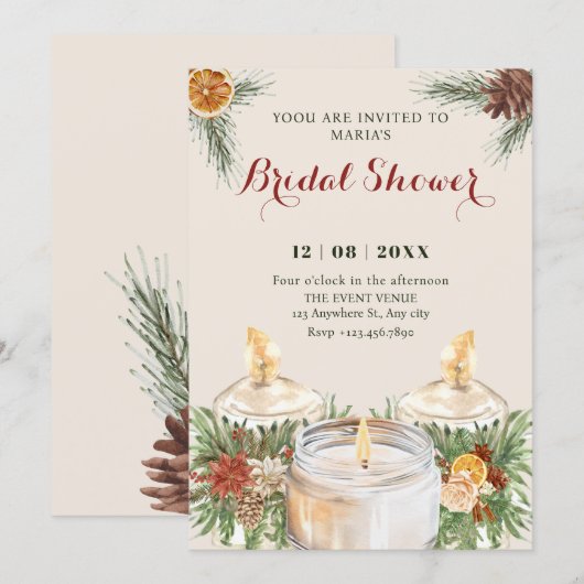 Invitation Watercolor floral leaves candles bridal shower (Devant / Derrière)