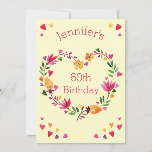 Invitation Watercolor Floral Love Heart Wreath 60th Birthday (Devant)