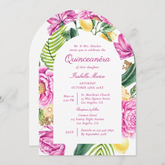 Invitation Watercolor Floral Peonies QR Code Quinceañera (Devant / Derrière)