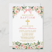 Invitation Watercolor Floral Pink Bow Gold Baptism (Devant)