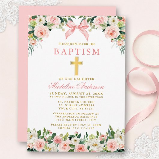 Invitation Watercolor Floral Pink Bow Gold Baptism