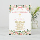 Invitation Watercolor Floral Pink Bow Gold Communion (Debout devant)