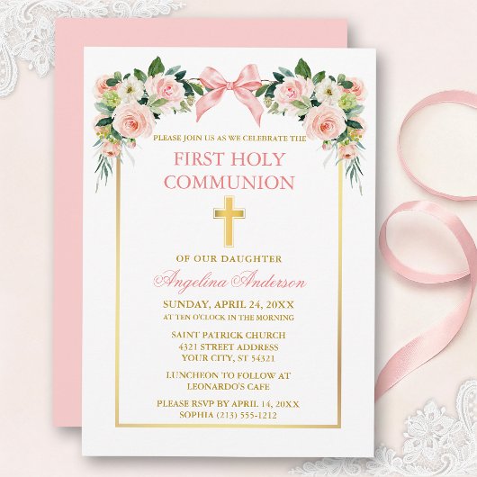 Invitation Watercolor Floral Pink Bow Gold Frame Communion