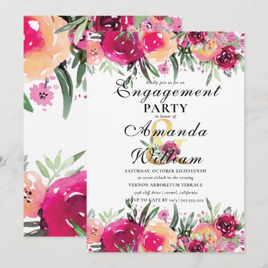 Invitation Watercolor Floral Pink Engagement Party (Devant / Derrière)