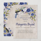 Invitation Watercolor Floral Rustic Navy Graduation Party (Devant / Derrière)