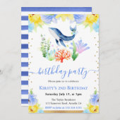 Invitation Watercolor Floral sous-marin Baleine fête d'annive (Devant / Derrière)