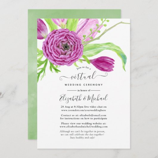 Invitation Watercolor Floral Spring Online Mariage virtuel (Devant / Derrière)