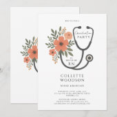 Invitation Watercolor Floral Stethoscope Nurse Graduation (Devant / Derrière)