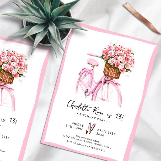 Invitation Watercolor Floral Vélo rose fête d'anniversaire