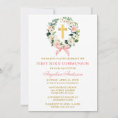 Invitation Watercolor Floral Wreath Pink Bow Gold Communion (Devant)