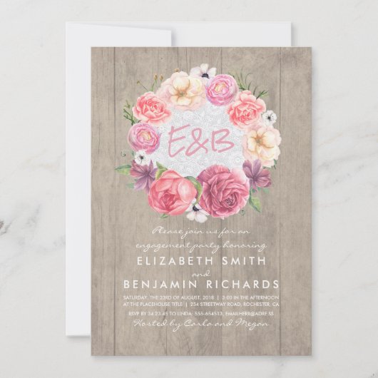 Invitation Watercolor Floral Wreath Rustic Engagement Party (Devant)