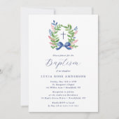 Invitation Watercolor Foliage Wreath Blue Bow Baptism (Devant)
