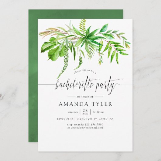 Invitation Watercolor Forest Green Bachelorette Party (Devant / Derrière)