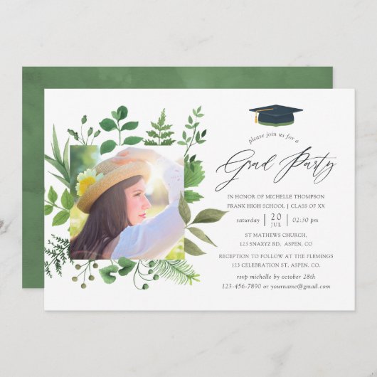 Invitation Watercolor Forest Green Graduation Party (Devant / Derrière)