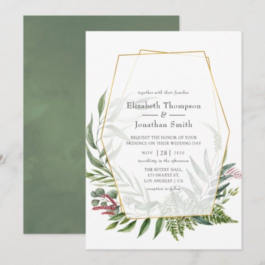 Invitation Watercolor Forest Herbarium Mariage géométrique (Devant / Derrière)