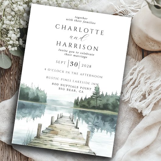 Invitation Watercolor Forest Mountain Lake Mariage