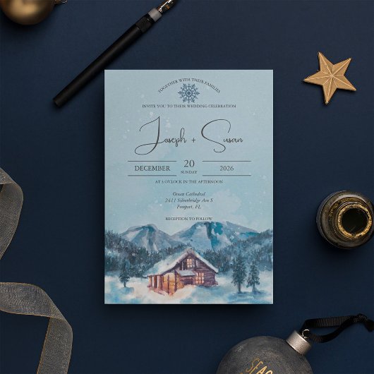 Invitation Watercolor Forest Winter Snowy Mountain Mariage