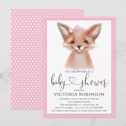 Invitation Watercolor Fox Girl Woodland Baby shower (Devant / Derrière)