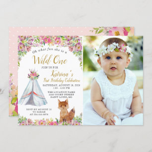 Invitation Watercolor Fox Tribal Boho Floral Birthday Photo