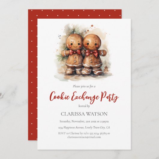 Invitation Watercolor Gingerbread Cookie Exchange Party (Devant / Derrière)