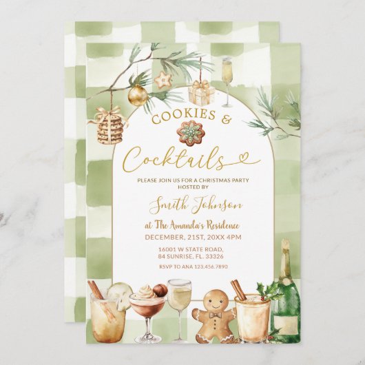 Invitation Watercolor Gingham Cocktail and Cookies Winter (Devant / Derrière)