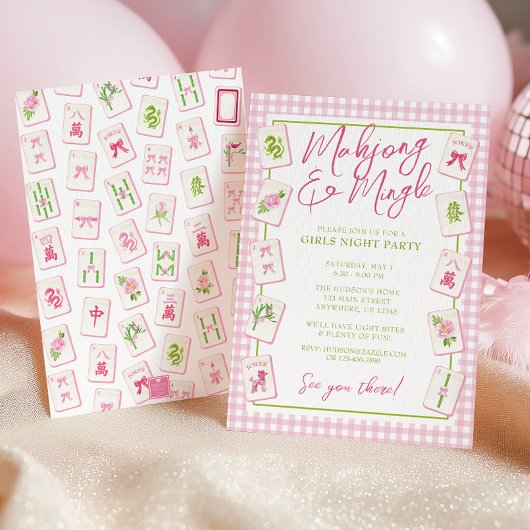 Invitation Watercolor Gingham Pink Bow Mahjong Party