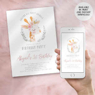 Invitation Watercolor Giraffe Safari Zoo Premier anniversaire