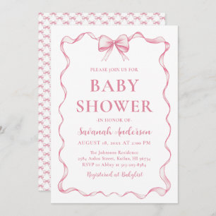 Invitation Watercolor Girl Ruban Blush Baby shower Bow rose