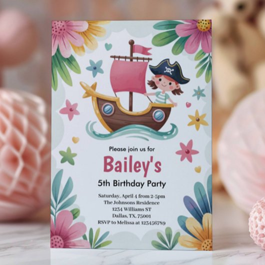 Invitation Watercolor Girls Pirate Birthday Party