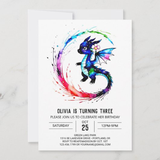 Invitation Watercolor Girly Dragon Digital Girl Anniversaire (Devant)