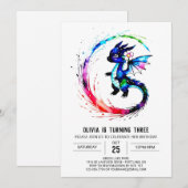 Invitation Watercolor Girly Dragon Digital Girl Anniversaire (Devant / Derrière)