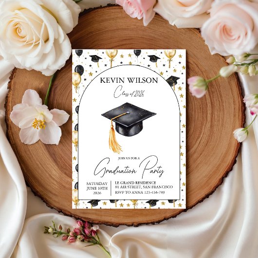 Invitation Watercolor Gold Balloon Graduation Invite