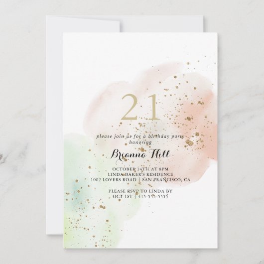 Invitation Watercolor Gold Confetti 21e fête d'anniversaire (Devant)