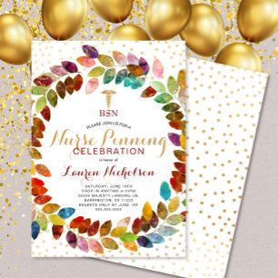 Invitation Watercolor Gold Wreath Nurse Pinning