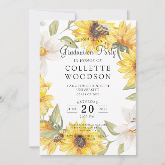 Invitation Watercolor Graduation Party Sunflowers Vert I (Devant)