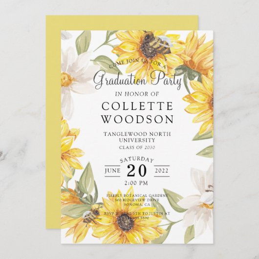Invitation Watercolor Graduation Party Sunflowers Vert I (Devant / Derrière)