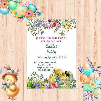Invitation Watercolor Green Chicks Floral Pâques Party