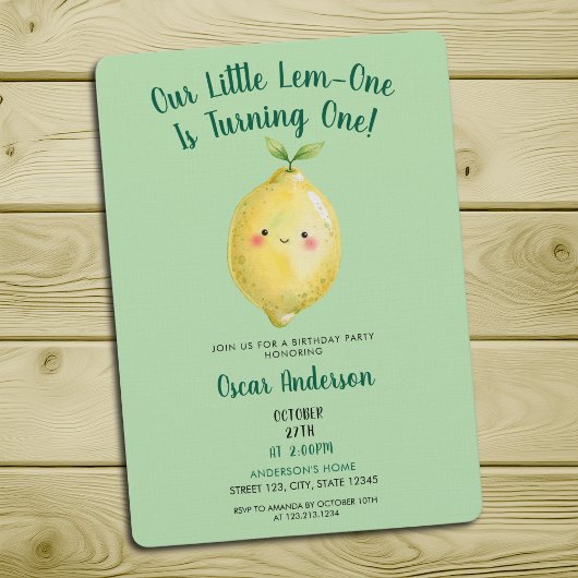 Invitation Watercolor Green Cute Lemon First Birthday