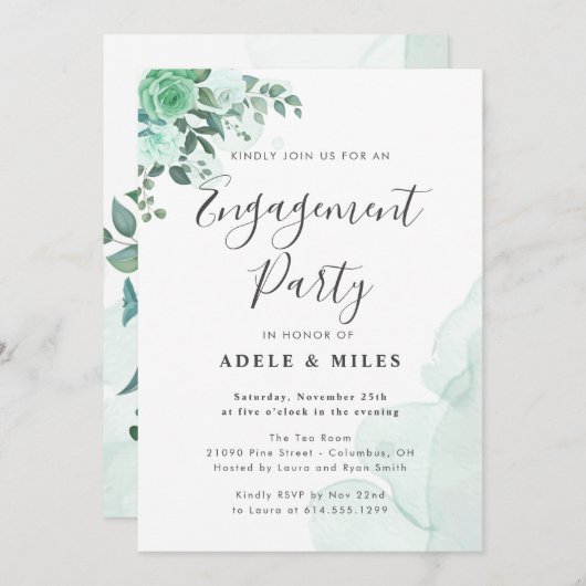 Invitation Watercolor Green Flowers Engagement (Devant / Derrière)