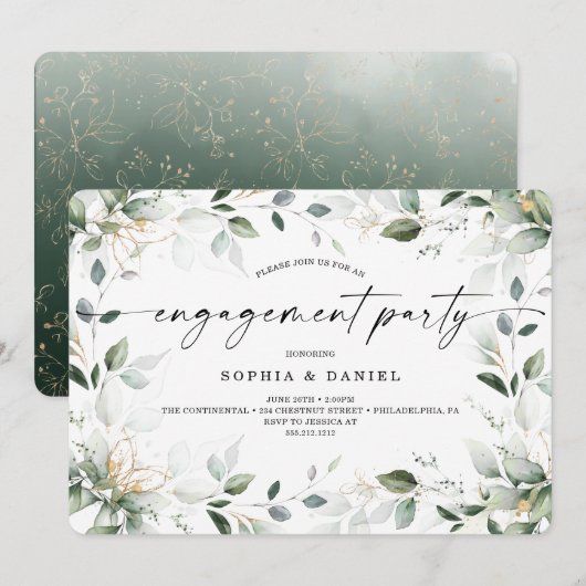 Invitation Watercolor Green Gold Engagement Party (Devant / Derrière)