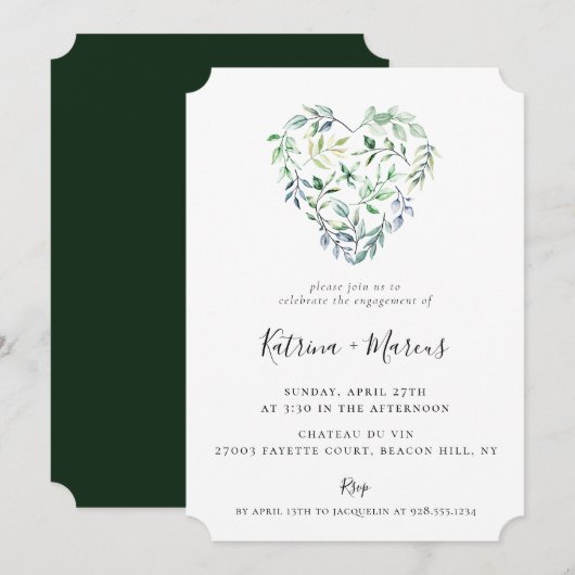 Invitation Watercolor Green Heart Engagement Party (Devant / Derrière)