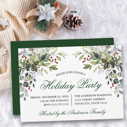 Invitation Watercolor Green Holly Fête de vacances