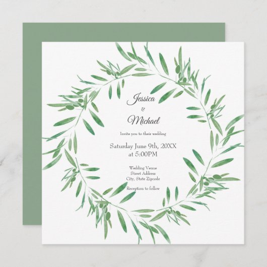 Invitation Watercolor Green Olive Wreath (Devant / Derrière)
