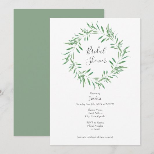 Invitation Watercolor Green Olive Wreath (Devant / Derrière)