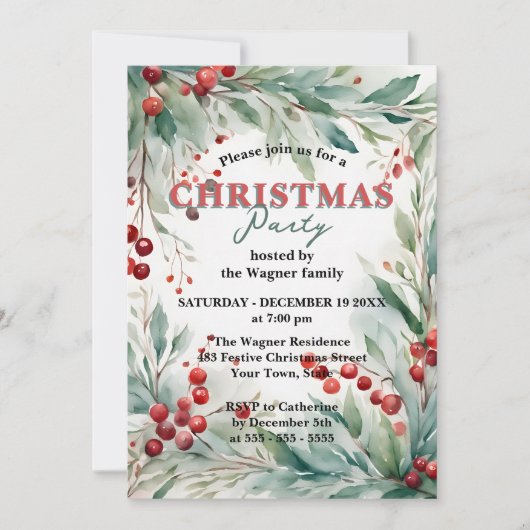 Invitation Watercolor Greenery & Red Berries Christmas Party  (Devant)