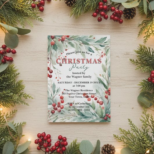 Invitation Watercolor Greenery & Red Berries Christmas Party 