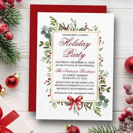 Invitation Watercolor Greenery Red Bow Holiday Party